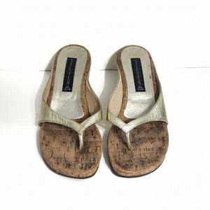 STEVE Madden Wedge Heel Metallic T-Strap Sandals Gold Tone